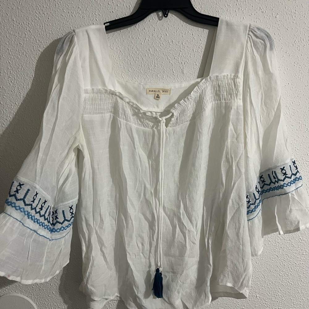 Parallel Threads White Peasant Blouse With Blue E… - image 1